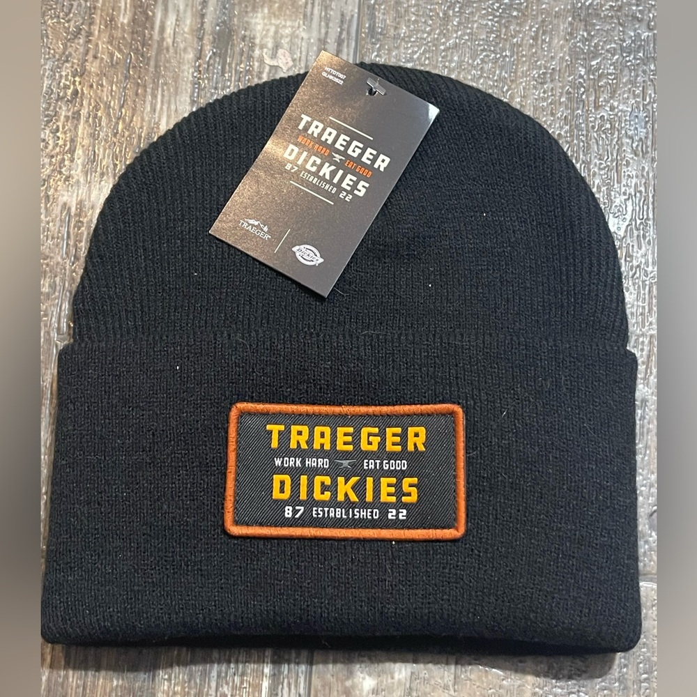 Traeger Dickies Beanie Cap Black Cuffed Patch Logo Collab Grill Work Adult New